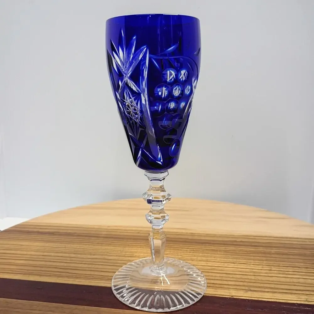 Bohemian Cut To Clear Crystal Wine Hock Cobalt Blue Etched